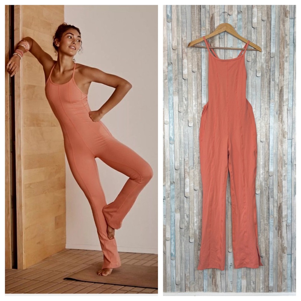 Free People FP‎ Movement Heat Waves Onesie Coral Orange Strappy Flare Jumpsuit M